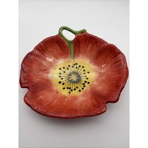 Vintage Clay Art Pottery Poppy Flower Ceramic Trinket Dish Red Orange CA Pottery
